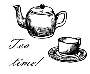 card "tea time" with hand drawn cup and kettle ink sketch vector illustration