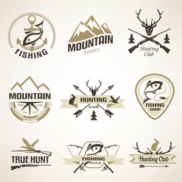 Set of vintage hunting and fishing emblems and labels Stock Vector