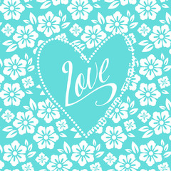 Postcard with turquoise heart on white floral pattern. Wedding
