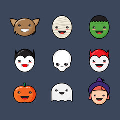 Cute Kawaii Halloween Icons Set. Funny Monster Faces on Dark
