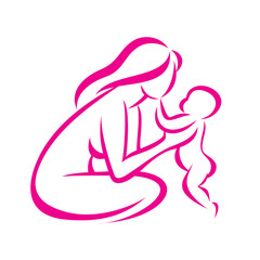 mom and baby stylized vector symbol, outlined sketch