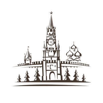 Red square and Moscow Kremlin stylized vector sketch
