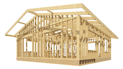 three-dimensional image of a wooden frame house.