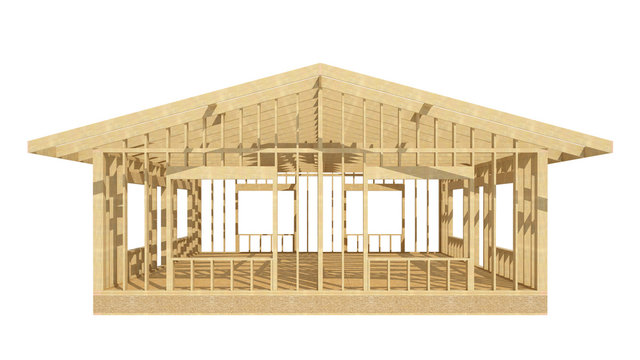 three-dimensional image of a wooden frame house.