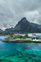 Traditional red rorbu cottages  in Hamnoy village, Lofoten islands, Norway