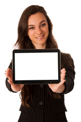 Fototapeta premium Beautiful young business woman showing tablet with screen for co