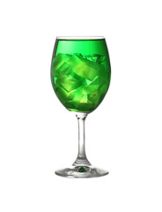 Green water in a wine glass isolated on white.