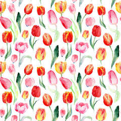 Seamless pattern of watercolor pink, red and yellow tulips.