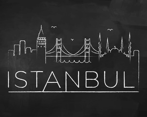 Istanbul City Skyline with Chalk Drawing on a Blackboard