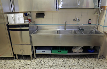 large stainless steel sink of industrial kitchen for preparing f