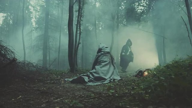 Mystic foggy forest scene in the prosecution of a brave young