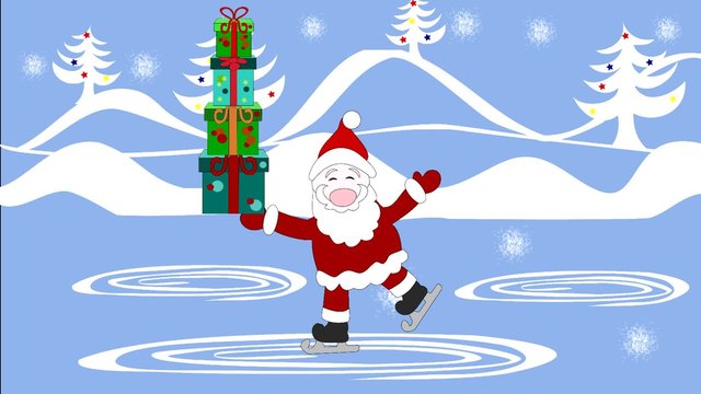 Dear Santa Claus with gifts in boxes skates on a skating rink, snow falls