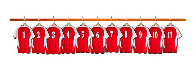 Row of Red Football Shirts hanging on wall