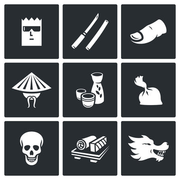 Yakuza, Japans organized crime icons set. Vector Illustration.