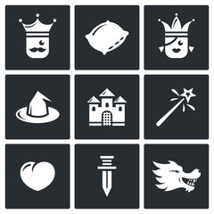Sleeping Beauty, tale about a kingdom and magic icons set. Vector Illustration.