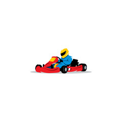 Kart racing sign. Young race car driver in the helmet at wheel. Vector Illustration.
