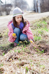 Little girl picking bunch of small yellow flowers