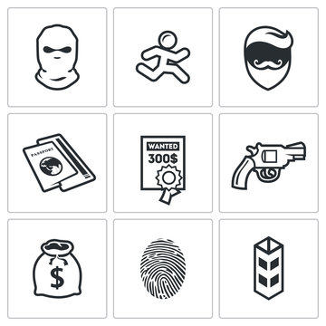 Criminal on the run and wanted icons set. Vector Illustration.