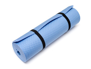 Blue yoga mat for exercise, isolated on white background. - 91409762
