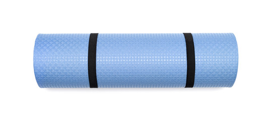 Blue yoga mat for exercise, isolated on white background. - 91409774