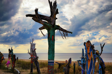 Colored pieces of tree trunks cast ashore on the beach