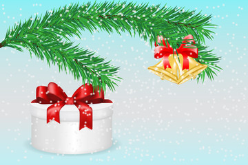 Jingle bells with red bow. Gift box. Christmas decoration. 