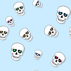 Seamless pattern with skulls and hearts on blue....