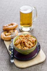 Meat beer with pretzels