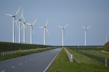 A road with Wind turbines in a row