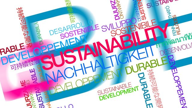 Sustainability colored text international traduction words tag cloud animation video sustainable development ecology