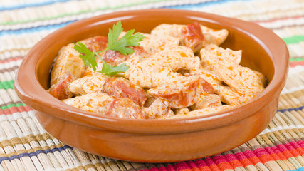 Chicken & Chorizo - Chicken and chorizo cooked in a paprika cream sauce.
