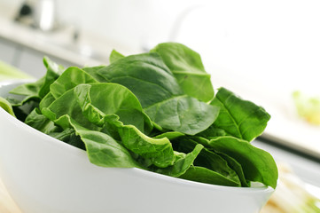 raw spinach leaves on the countertop of a kitchen