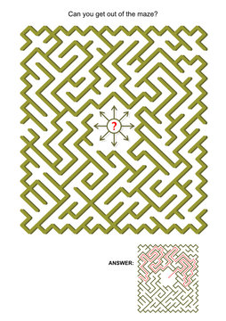 Maze game for kids or adults: Can you get out of the maze? Answers included. 
