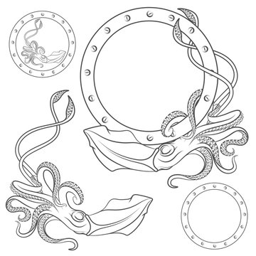 Set of black and white illustrations with squid on a white background 