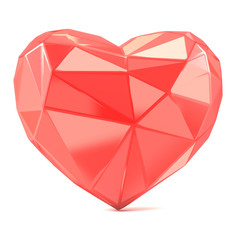 Triangulated glossy heart shape. 3D render illustration isolated on white background