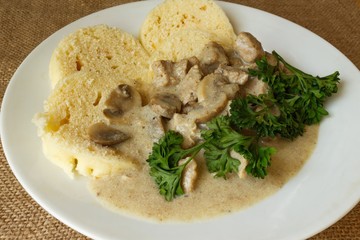 pork dumplings mushroom cream sauce glance