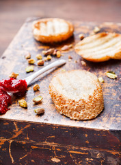Bruschetta with brie cheese and raspberry jam.selective focus