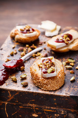 Bruschetta with brie cheese and raspberry jam.selective focus