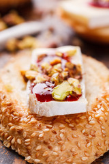 Bruschetta with brie cheese and raspberry jam.selective focus