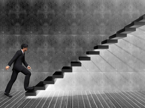 Concept or conceptual 3D male businessman on stair or steps near a wall background