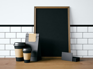 Black poster on table with blank elements. 3d rendering