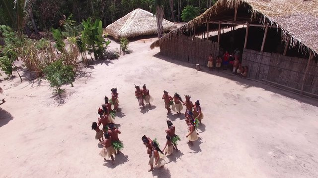Aerial View of Indian tribe ritual in Amazon, Brazil