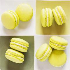 Green macaroons on a square plate. Top view