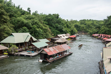 floating house in river Kwai. Taken at Sai Yok Yai waterfall. Kanchanaburi of Thailand.