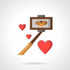 Selfie stick and hearts flat color vector icon