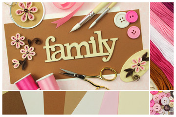 Arrangement of color coordinated scrapbooking or card making items