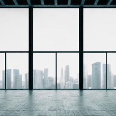 Obraz na płótnie Canvas Panoramic windows in loft and cocrete wall. 3d render