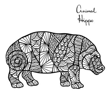 Stylized vector Hippo, zentangle isolated on white background.