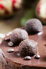 Chocolate Christmas cake, selective focus