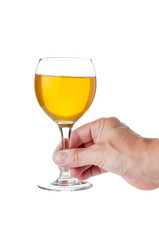 Hand holding glass goblet with wine on white background